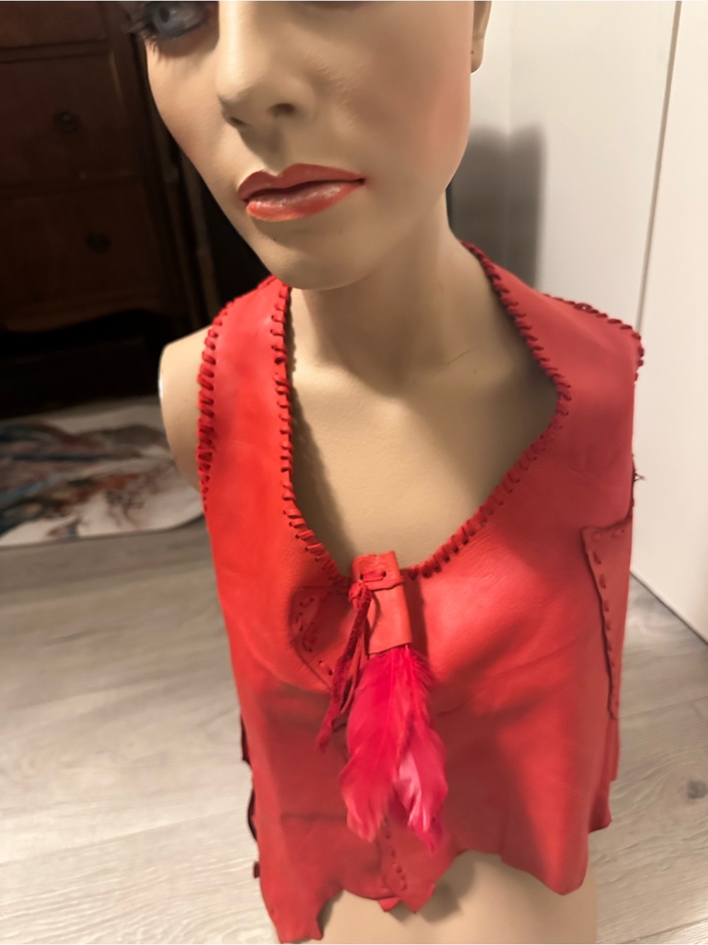 Hand Crafted Red Deerskin Halter -Camisole with Red feather accents. Size M - Picture 3 of 5
